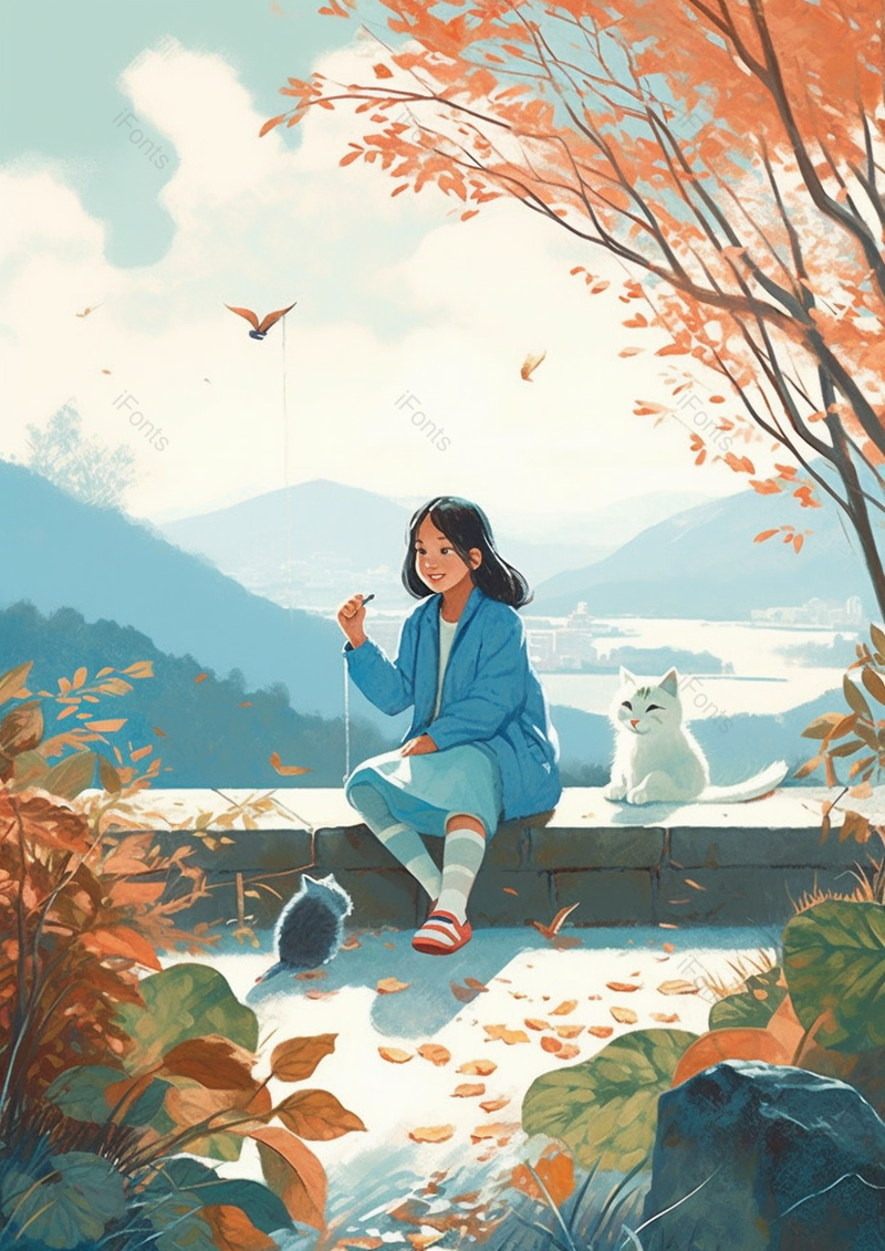 夏天女孩和喵咪风景插画,插画/手绘图,插画/手绘图库,插画/手绘图下载,插画/手绘